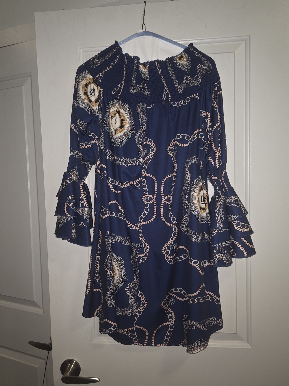 Navy Chain-Print Ruffle Sleeve Dress - Picture 2 of 2